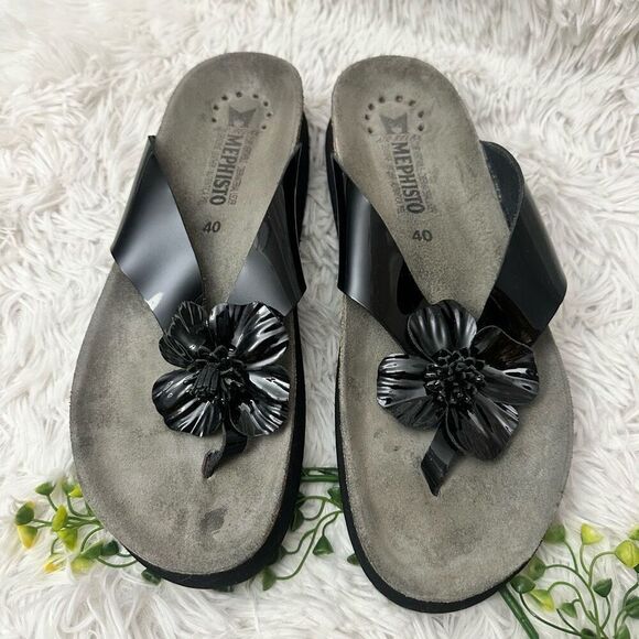 Mephisto Patent Leather Flower Slide Sandal Comfort Black size EU 40/ US 10 - Picture 4 of 5
